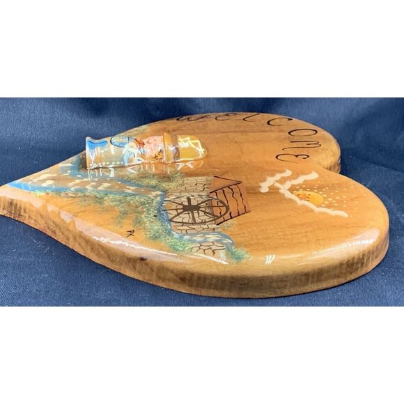 Folk Art Welcome Sign Wood Hand Painted Heart Shape 3D Figure Signed PK 8.5" - Picture 8 of 9